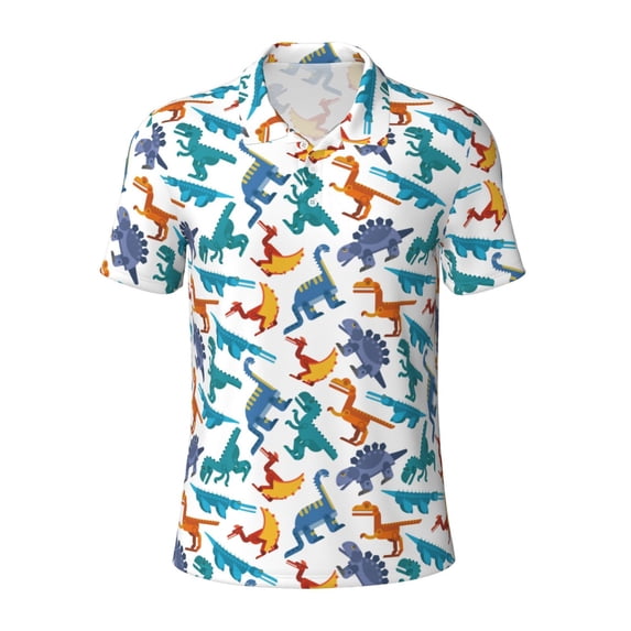 Balery Block Dinosaur Printed Men’s Short Sleeve Polo Shirt, Midweight Men's Shirt,Golf Polo shirts -Medium
