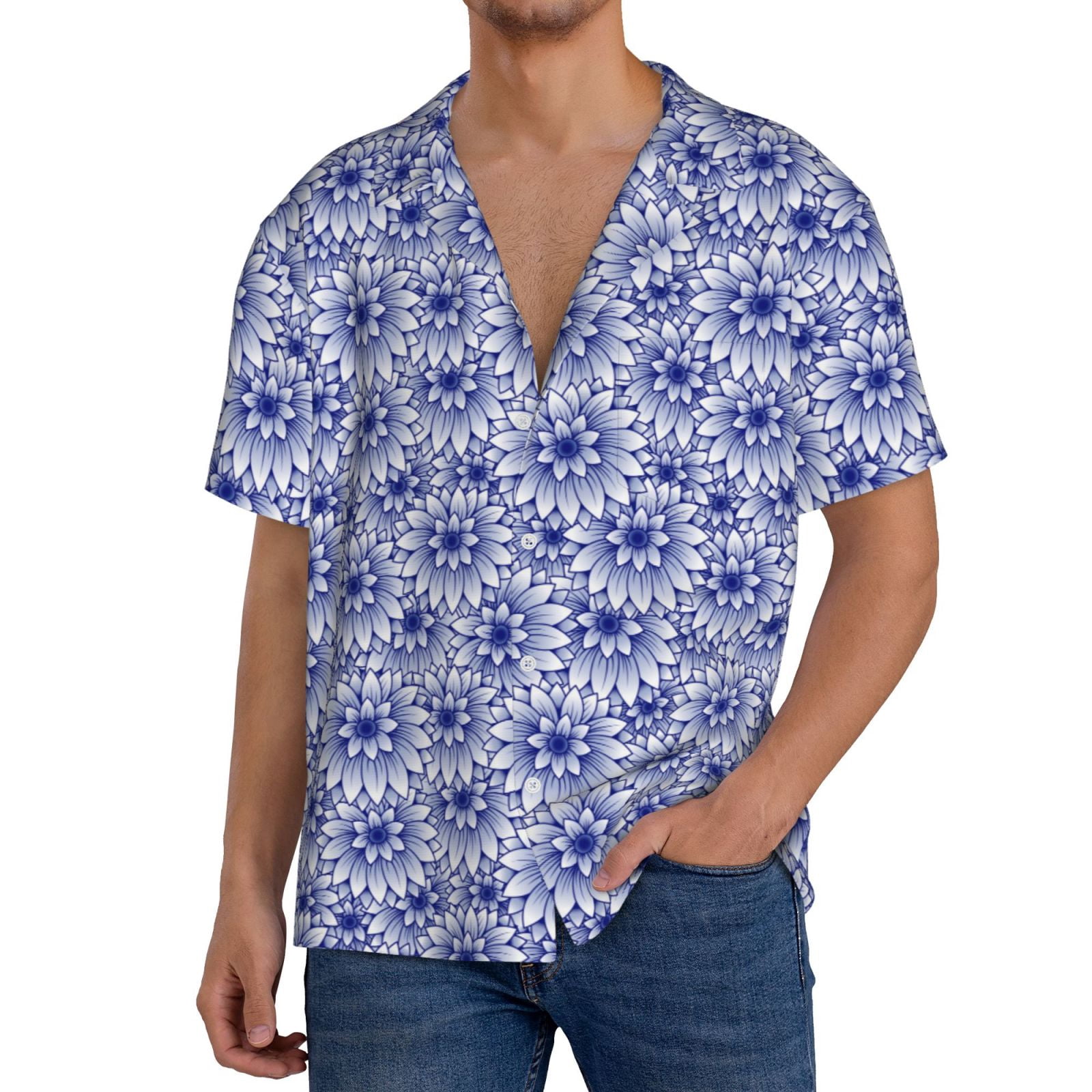 Men's White and Blue Short Sleeve Cotton Button-Up Casual Shirt