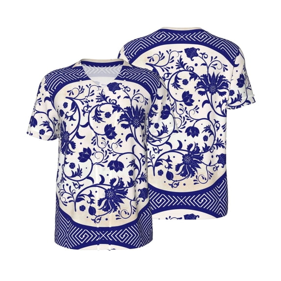 Balery Blue And White Porcelain Pattern Baseball Jersey for Men Casual Button Down Shirts Short Sleeve Active Team Sports Uniform-3X-Large