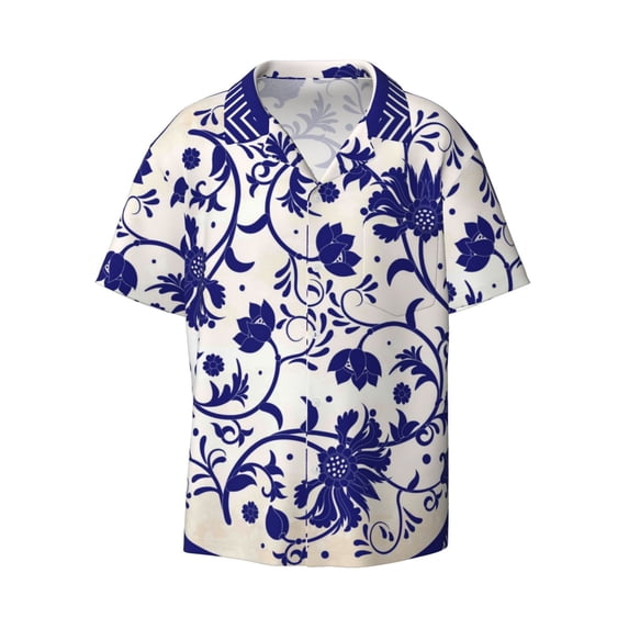 Balery Blue And White Porcelain Pattern Men's Casual Button Down Shirt Short Sleeve Textured Summer Cuban Beach Shirts-Medium