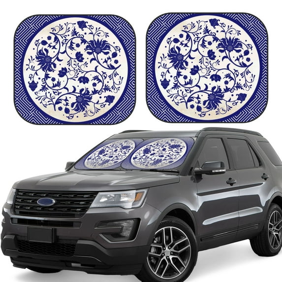 Balery Blue And White Porcelain Pattern Sun Shield 2 Pack For Car Front Windows Foldable Sun Visor Protector Blocks Max Uv Rays And Keeps Your Vehicle Cool For Most Sedans Suv Truck
