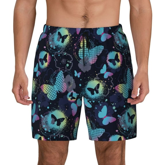 Balery Blue Butterfly Mens Swim Trunks Swim Shorts for Men Quick Dry Inseam Beach Shorts with Compression Liner Pocket-XX-Large