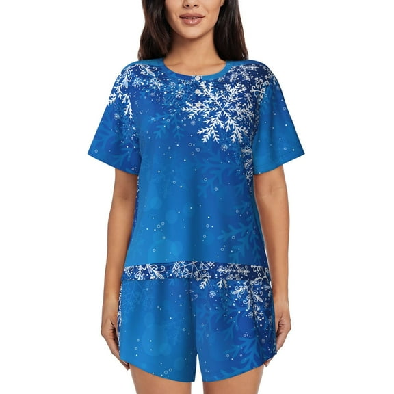Balery Blue Christmas With Snowflakes Pattern Womens Pajama Sets 2 Piece Soft Short Sleeve Top and Shorts Sleepwear Round Neck Pjs Lounge Set with Pockets-Large