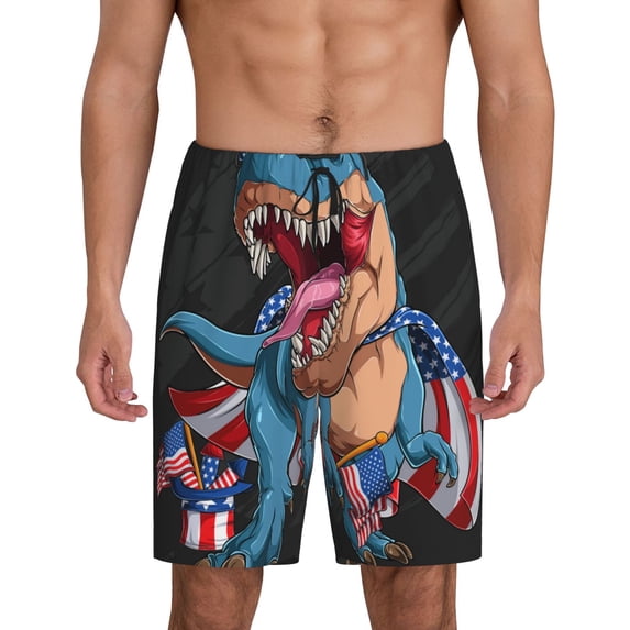 Balery Blue Dinosaur Men's Cotton Knit Pajama Shorts Waistband & Pockets,Short Pajama Pants-X-Large