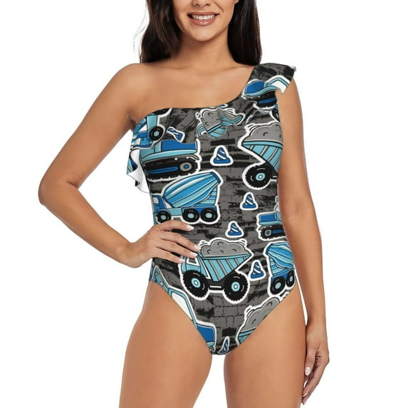 Balery Blue Excavator One Shoulder Swimsuits for Women Ruffle Swimsuits Tummy Control One Shoulder Bathing Suits-XX-Large