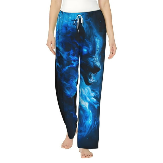 Balery Blue Fire Cool Wolf print Women's Pajama Pants,Ultra Lightweight Pjs,Lounge Pant-Medium