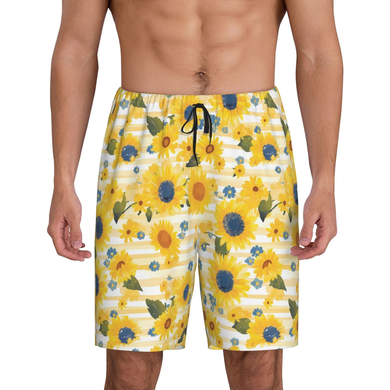 Balery Blue Floral Sunflower Men's Cotton Knit Pajama Shorts Waistband
