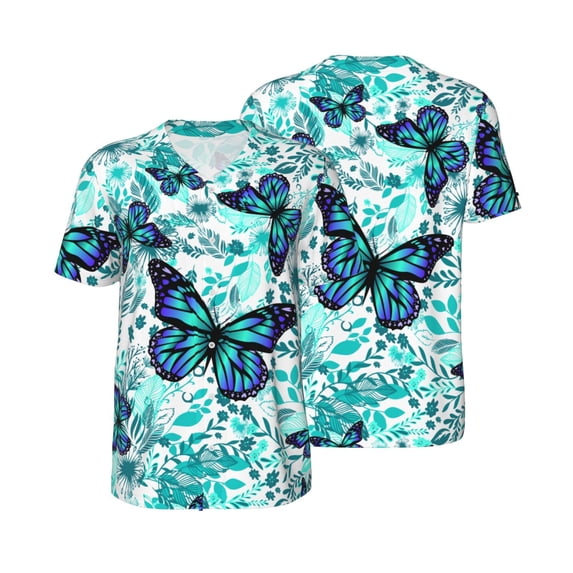 Balery Blue Floral with Butterflies Baseball Jersey for Men Casual Button Down Shirts Short Sleeve Active Team Sports Uniform-3X-Large