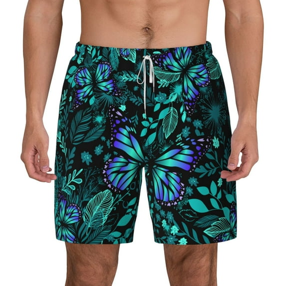 Balery Blue Floral with Butterflies Mens Swim Trunks Swim Shorts for Men Quick Dry Inseam Beach Shorts with Compression Liner Pocket-X-Large