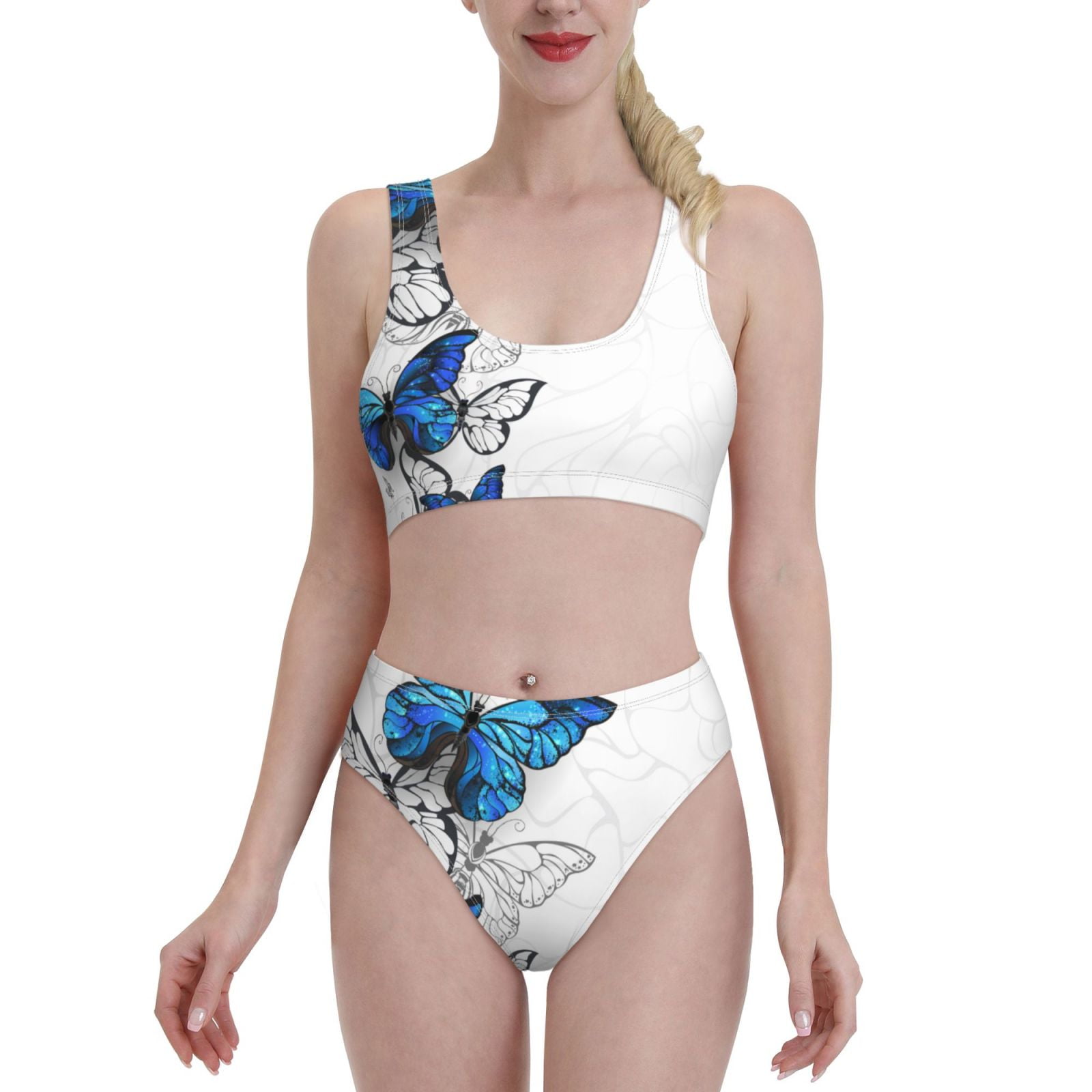 Balery Blue Flying Butterflies Women Bikini Swimsuit Tankini Set 2