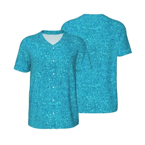 Balery Blue Glitter Baseball Jersey for Men Casual Button Down Shirts Short Sleeve Active Team Sports Uniform-Medium