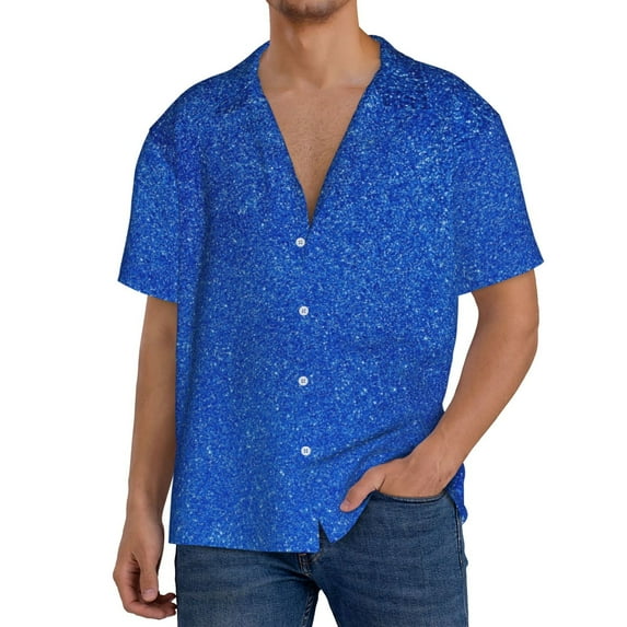 Balery Blue Glitter Men's Casual Button Down Shirt Short Sleeve Textured Summer Cuban Beach Shirts-Large