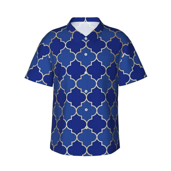 Balery Blue Gold Grid Lantern Shapes Print Men's Hawaiian Shirts Short Sleeve Beach Shirt Relaxed Fit Vacation Button Down Shirts-Medium