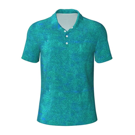 Balery Blue Green Glitter Printed Men’s Short Sleeve Polo Shirt, Midweight Men's Shirt,Golf Polo shirts -Medium