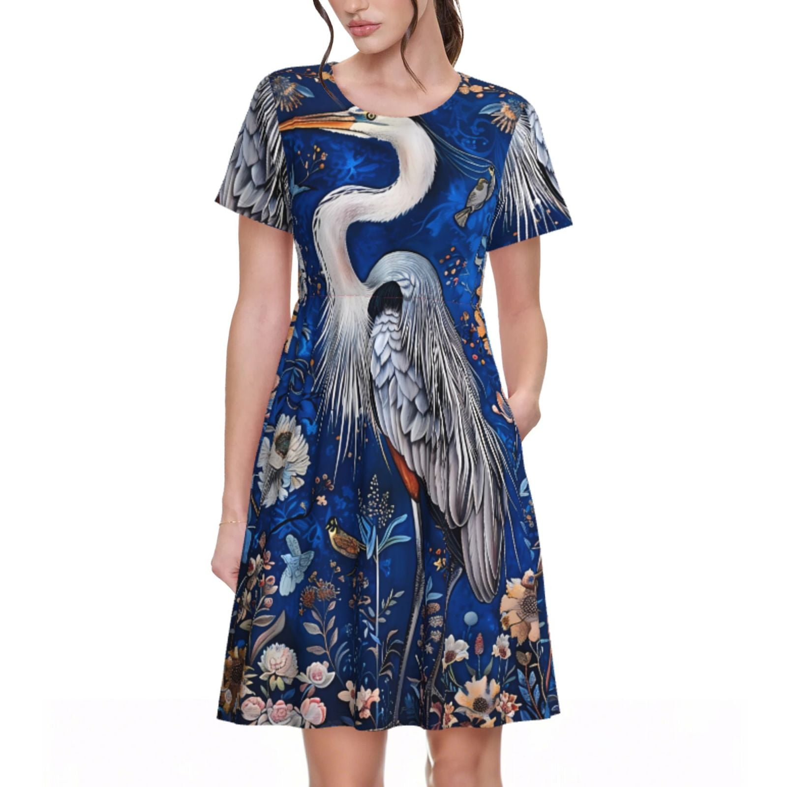 Balery Blue Heron Floral Garden Pattern Womens Dresses Loose Short ...