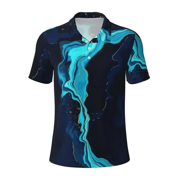 Balery Blue Marble And Gold Printed Men’s Short Sleeve Polo Shirt, Midweight Men's Shirt,Golf Polo shirts -Small