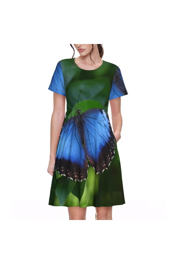 Blue Morpho butterfly Pattern Womens Dresses Loose Short sleeve Sundresses Swimsuit Coverup 2025 Summer Casual Dress for Women - A-Line Swing Dress