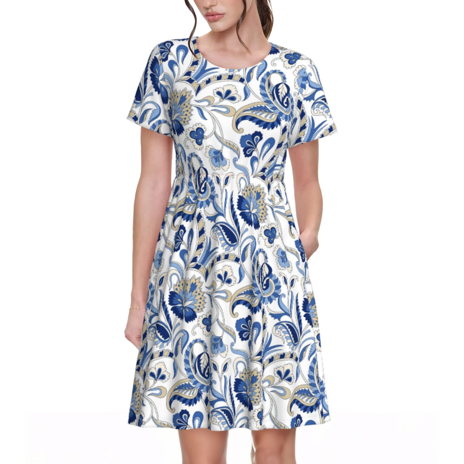 Balery Blue Paisley Pattern Womens Dresses Loose Short sleeve ...