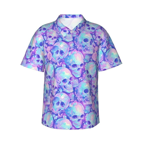 Balery Blue Skull Daisy Print Men's Hawaiian Shirts Short Sleeve Beach Shirt Relaxed Fit Vacation Button Down Shirts-Large
