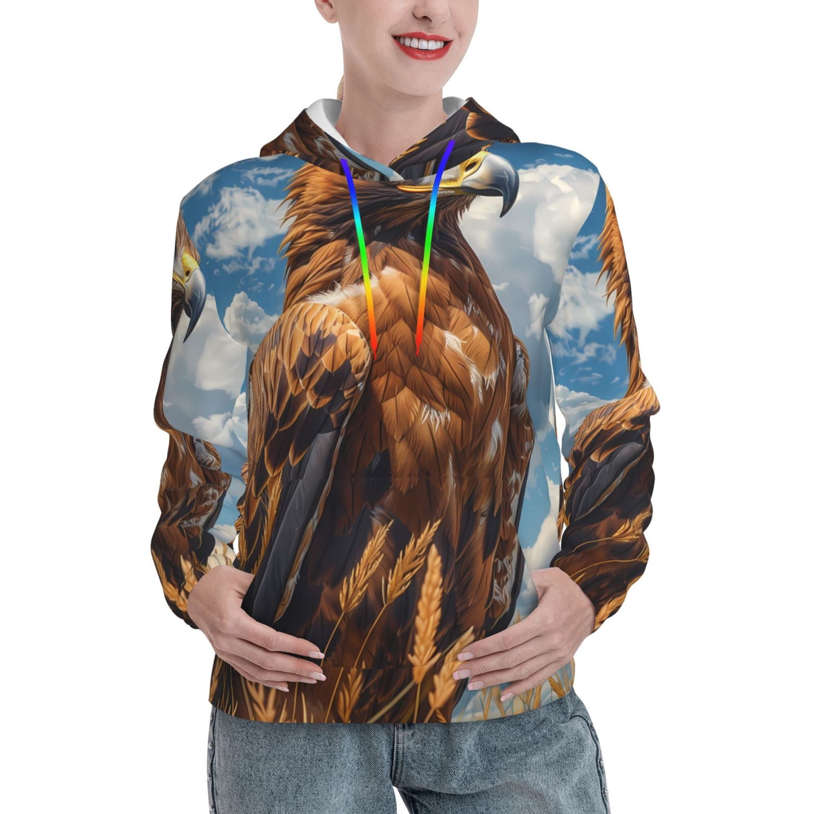 Balery Blue Sky White Cloud Eagle Pattern Womens Long Sleeve Hoodie