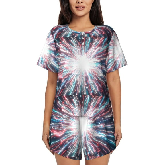 Balery Blue Swirl Fireworks Pattern Womens Pajama Sets 2 Piece Soft Short Sleeve Top and Shorts Sleepwear Round Neck Pjs Lounge Set with Pockets-Large