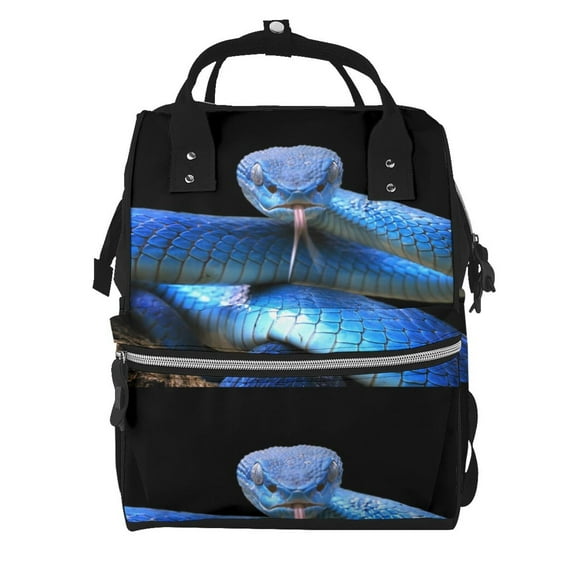Balery Blue Viper Snake Mummy Backpack - Waterproof Twill Canvas, Large Capacity Diaper Bag with Multiple Pockets and Adjustable Straps