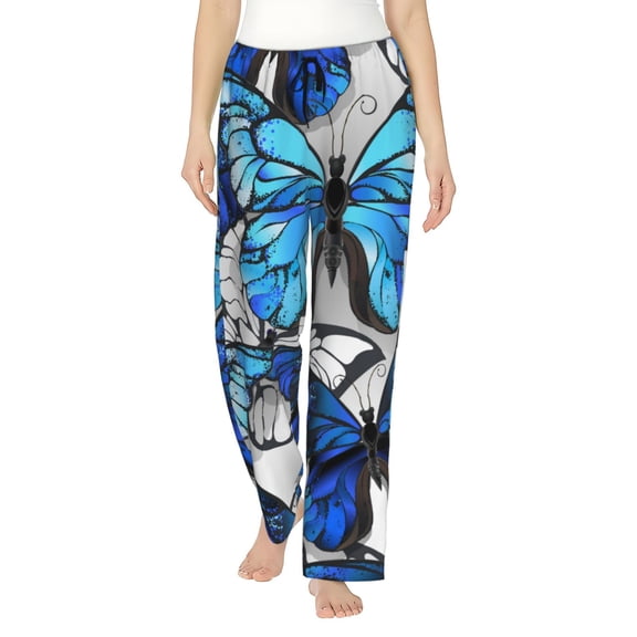 Balery Blue and White Butterflies print Women's Pajama Pants,Ultra Lightweight Pjs,Lounge Pant-Small