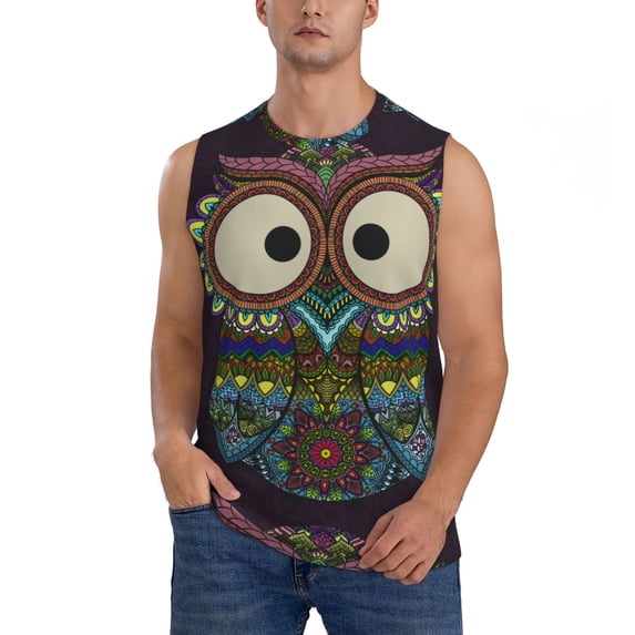 Balery Boho Owl Men's Sleeveless Muscle Shirts Workout Tank Top, Moisture Wicking, Odor Protection-Large