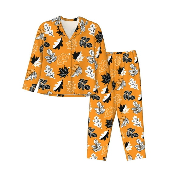 Balery Bold Black and White Leaves Orange Pattern Pajama Sets for Women Long Sleeve 2 Piece Sleepwear Loungewear Sets Soft PJ's with Pockets Long Sleeve Comfy Pj Sets-XX-Large