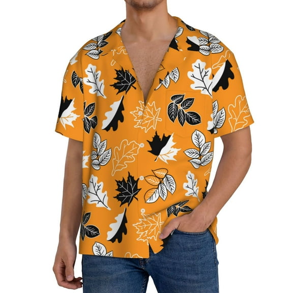 Balery Bold Black and White Leaves Orange Men's Casual Button Down Shirt Short Sleeve Textured Summer Cuban Beach Shirts-Large
