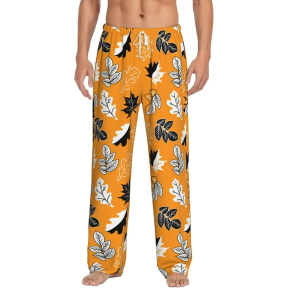 Balery Bold Black and White Leaves Orange print Men's Pajama Pants,Ultra Lightweight Pjs,Lounge Pant-XX-Large