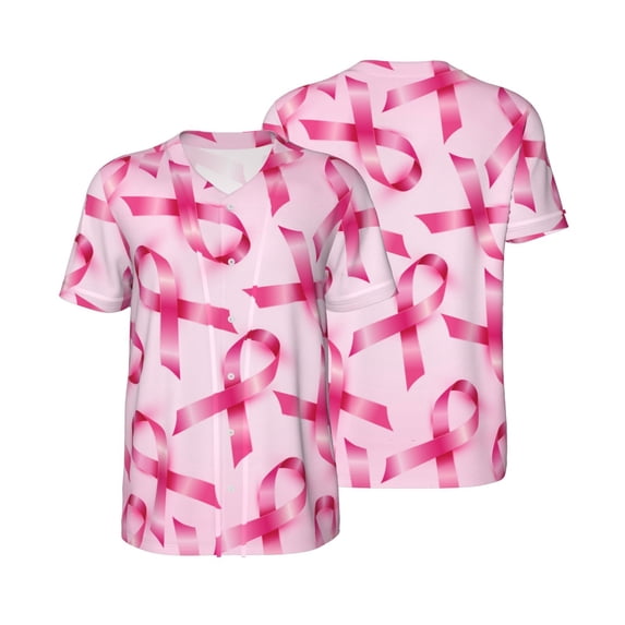 Balery Breast Cancer Ribbons Awareness Baseball Jersey for Men Casual Button Down Shirts Short Sleeve Active Team Sports Uniform-4X-Large