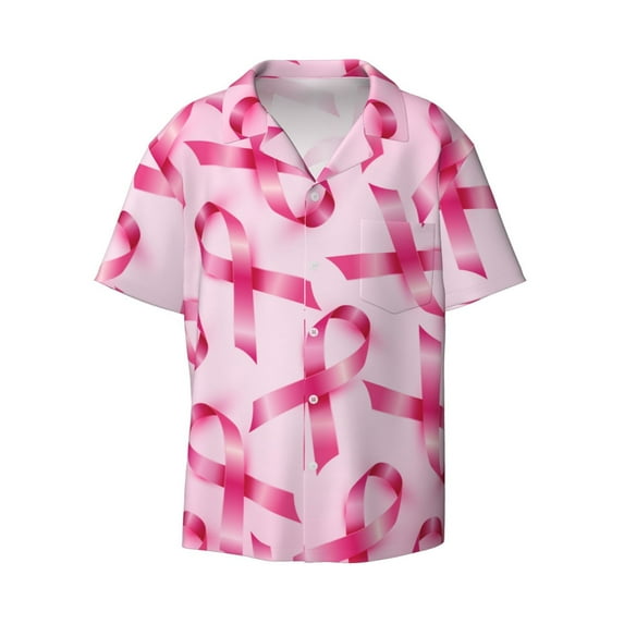 Balery Breast Cancer Ribbons Awareness Men's Casual Button Down Shirt Short Sleeve Textured Summer Cuban Beach Shirts-Small