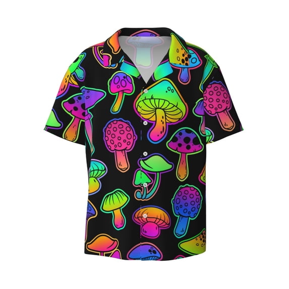 Balery Bright Mushrooms Men's Casual Button Down Shirt Short Sleeve Textured Summer Cuban Beach Shirts-Large