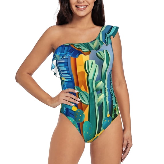 Balery Bright Paper Cactus Scene One Shoulder Swimsuits for Women Ruffle Swimsuits Tummy Control One Shoulder Bathing Suits-Large