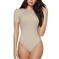 thumbnail image 1 of Balery Brown Gingham Women's Short Sleevee Crew Neck Bodysuit Tops Short Sleeve Tops Basic-Medium, 1 of 9