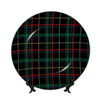 Balery Buffalo Plaid Dark Green Print Bone China Decorative Plate Ceramic Dinner Plates Art Crafts with Display Stand-6in