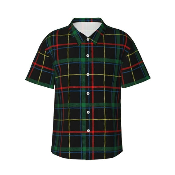 Balery Buffalo Plaid Dark Green Print Men's Hawaiian Shirts Short Sleeve Beach Shirt Relaxed Fit Vacation Button Down Shirts-Small