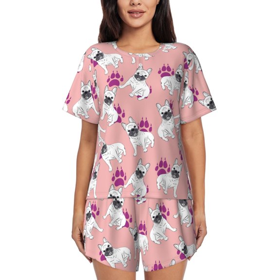 Balery Bulldog Pattern Womens Pajama Sets 2 Piece Soft Short Sleeve Top and Shorts Sleepwear Round Neck Pjs Lounge Set with Pockets-Small