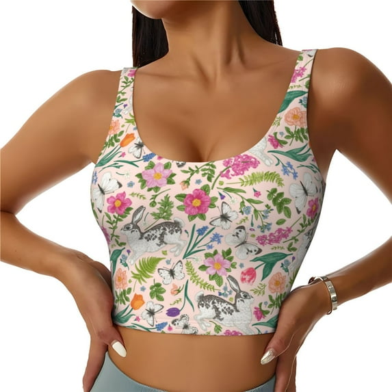 Balery Bunny Floral Pattern Racerback Sports Bras for Women - Padded Seamless High Impact Support for Yoga Gym Workout Fitness-XX-Large