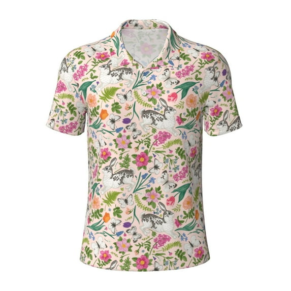 Balery Bunny Floral Printed Men’s Short Sleeve Polo Shirt, Midweight Men's Shirt,Golf Polo shirts -Small