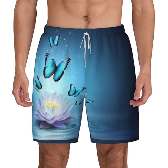 Balery Butterflies And Waterlily In Water Mens Swim Trunks Swim Shorts for Men Quick Dry Inseam Beach Shorts with Compression Liner Pocket-3X-Large