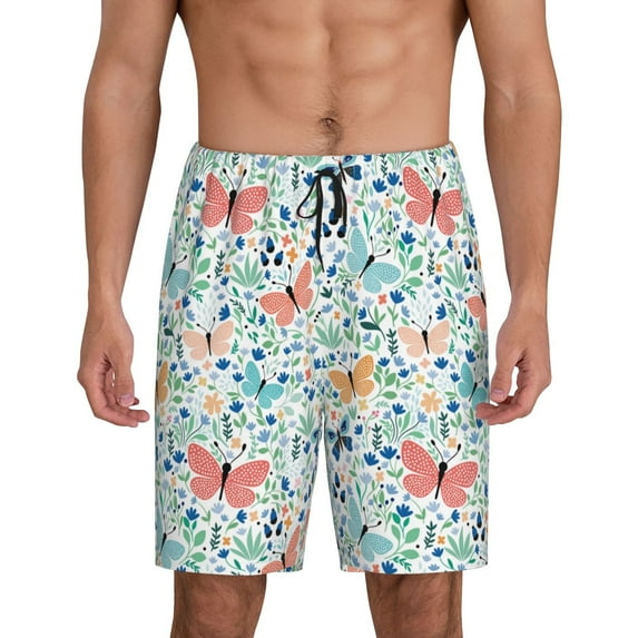 Balery Butterflies Men's Cotton Knit Pajama Shorts Waistband & Pockets,Short Pajama Pants-Small