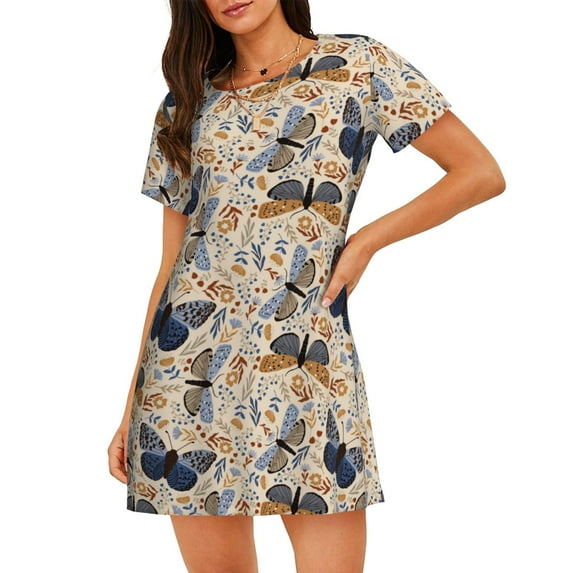Balery Butterflies Pattern Womens Short Sleeve Sleepshirt Scoopneck Cute Nightdress Comfy Nightgown Loungewear Dress