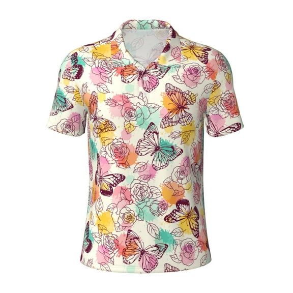 Balery Butterflies and Roses Printed Men’s Short Sleeve Polo Shirt, Midweight Men's Shirt,Golf Polo shirts -Small