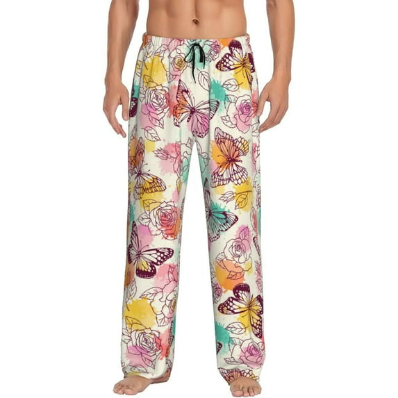 Balery Butterflies and Roses print Men's Pajama Pants,Ultra Lightweight Pjs,Lounge Pant-Small