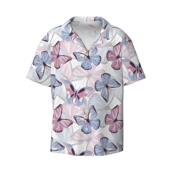 Balery Butterflies in Pastel Men's Casual Button Down Shirt Short Sleeve Textured Summer Cuban Beach Shirts-4X-Large