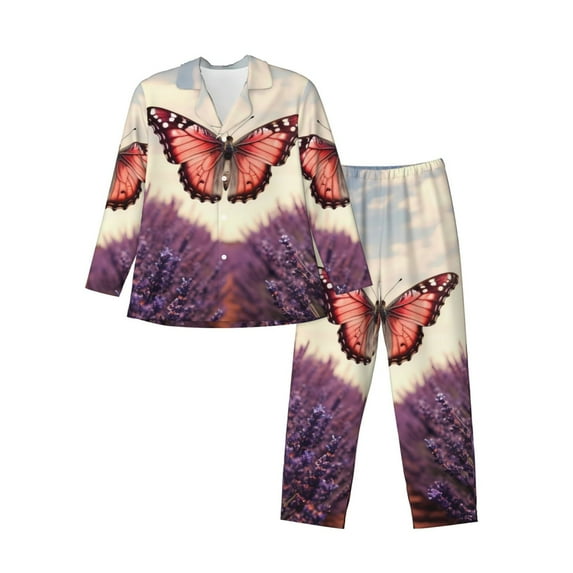 Balery Butterfly Over Lavender Pattern Pajama Sets for Men Long Sleeve 2 Piece Sleepwear Loungewear Sets Soft PJ's with Pockets Long Sleeve Comfy Pj Sets-Medium