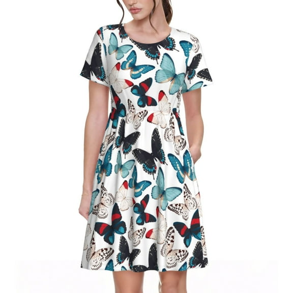 Balery Butterfly Pattern Womens Dresses Loose Short sleeve Sundresses Swimsuit Coverup 2025 Summer Casual Dress for Women - A-Line Swing Dress