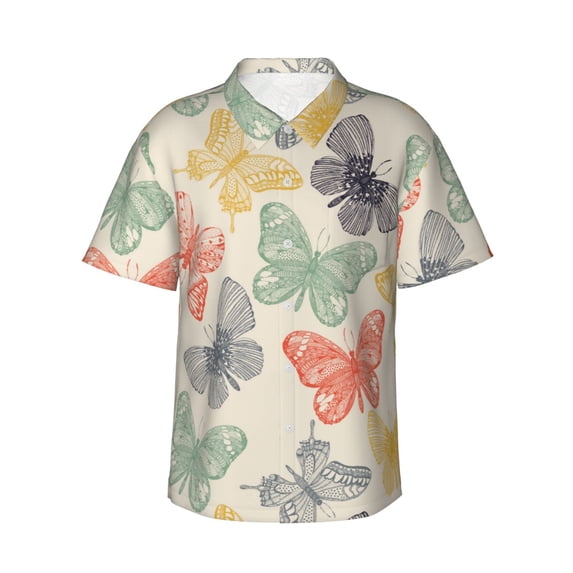 Balery Butterfly Print Men's Hawaiian Shirts Short Sleeve Beach Shirt Relaxed Fit Vacation Button Down Shirts-Large